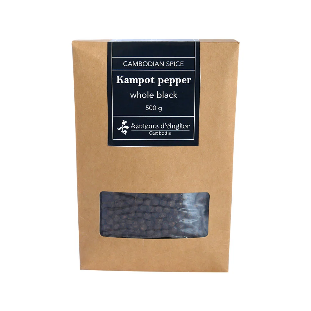 Whole black kampot pepper in paper box