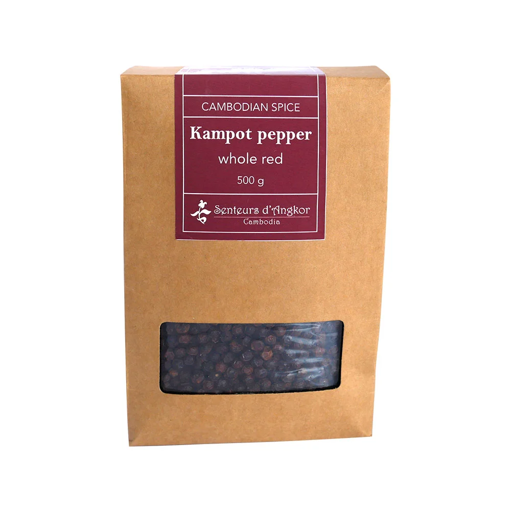 Whole red kampot pepper in paper box