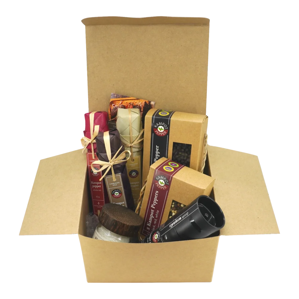 Kampot pepper selection in box, close