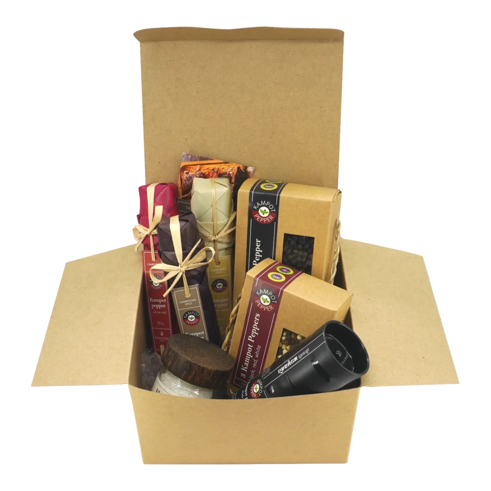 Kampot pepper selection in box, close