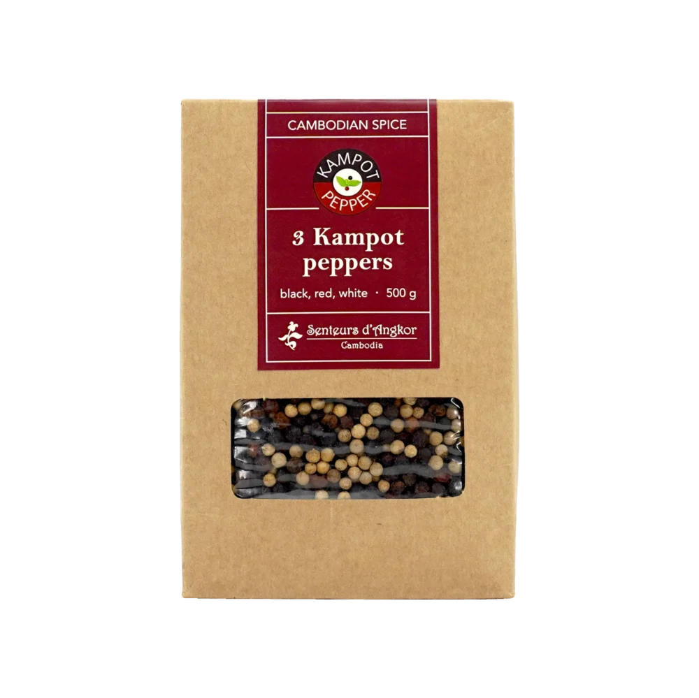 Kampot pepper whole mixed in big kraft box, front