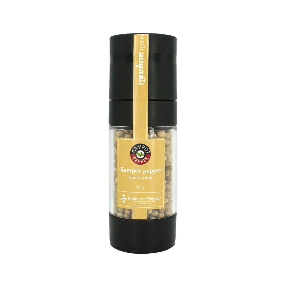 Kampot pepper in grinder, whole white