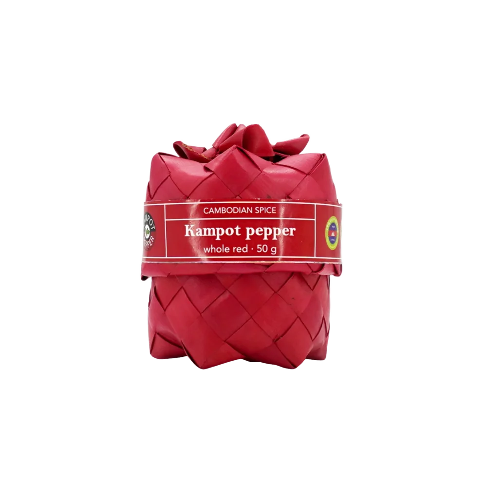 Kampot pepper in sugar palm leaf (smok) box, whole red