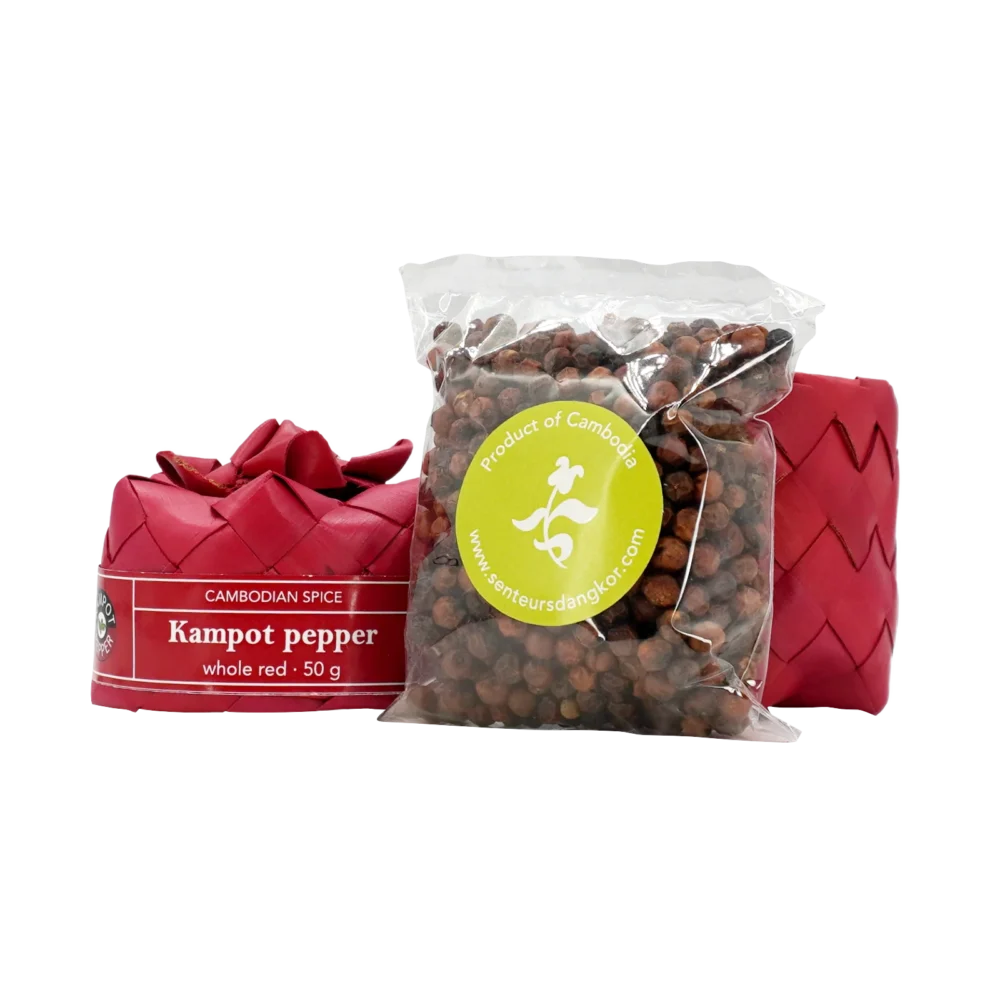 Kampot pepper in sugar palm leaf (smok) box, whole red, displayed