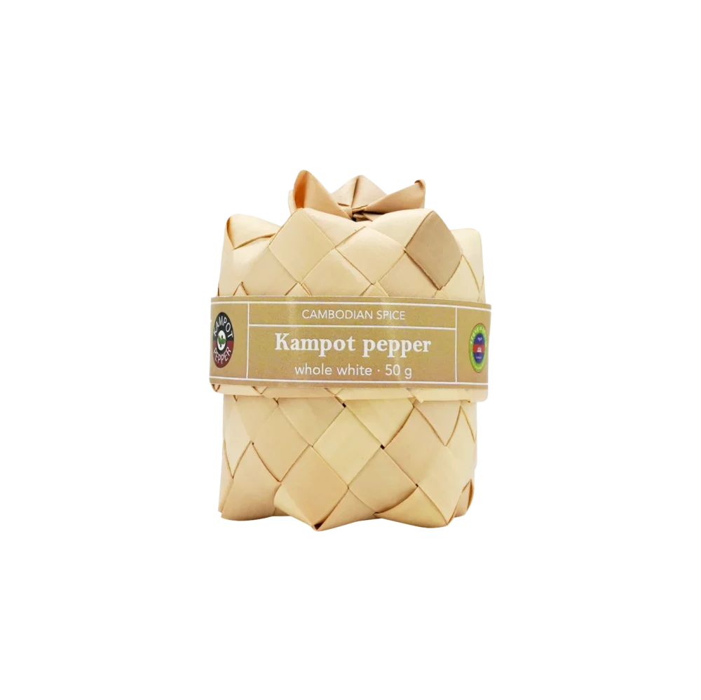 Kampot pepper in sugar palm leaf (smok) box, whole white