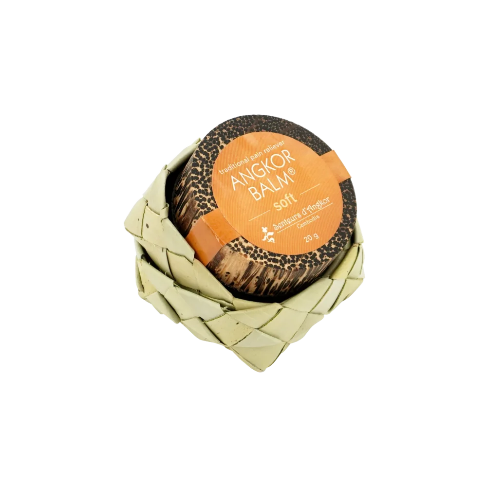 Angkor balm® (soft) in palm wood container, wrapped in natural sugar palm leaf box