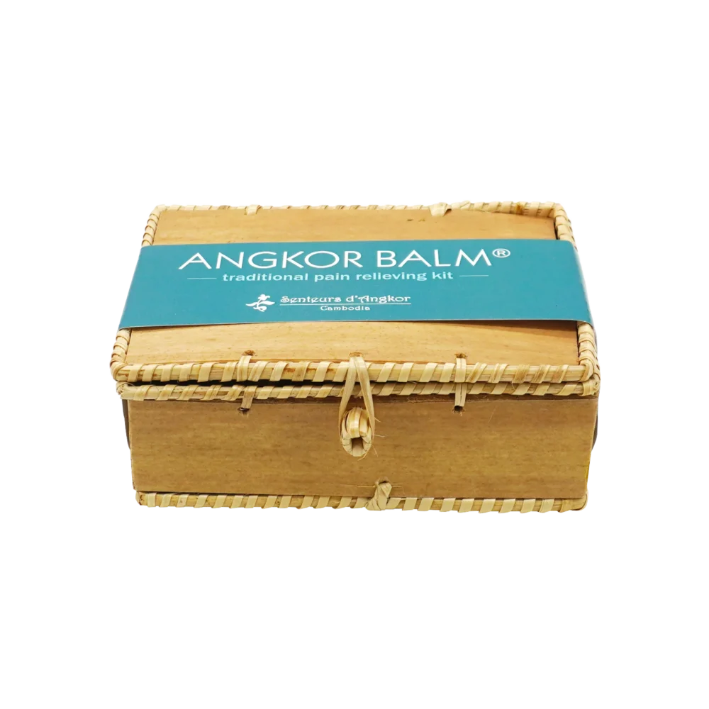 Angkor balm® (strong) pain relieving kit, closed, angle view