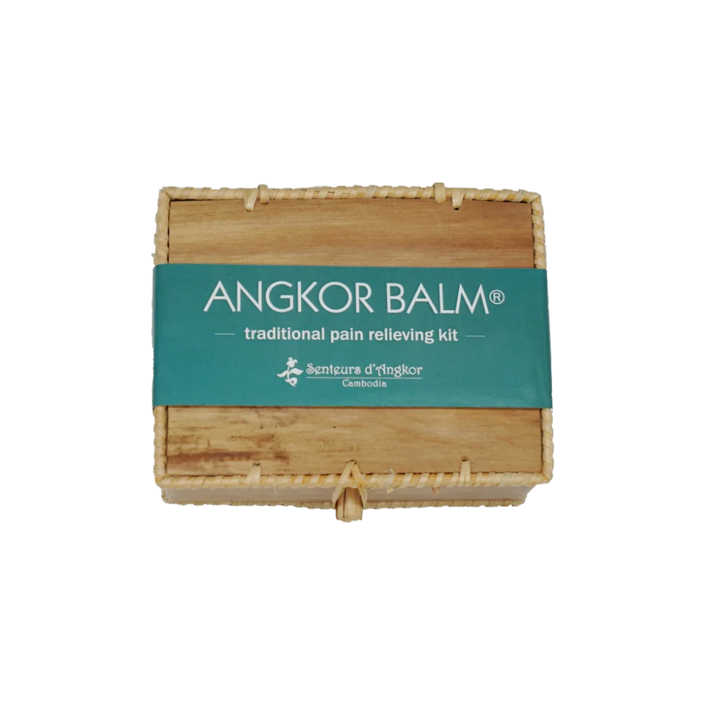 Angkor balm pain reliever kit packed in natural handmade sugar palm box