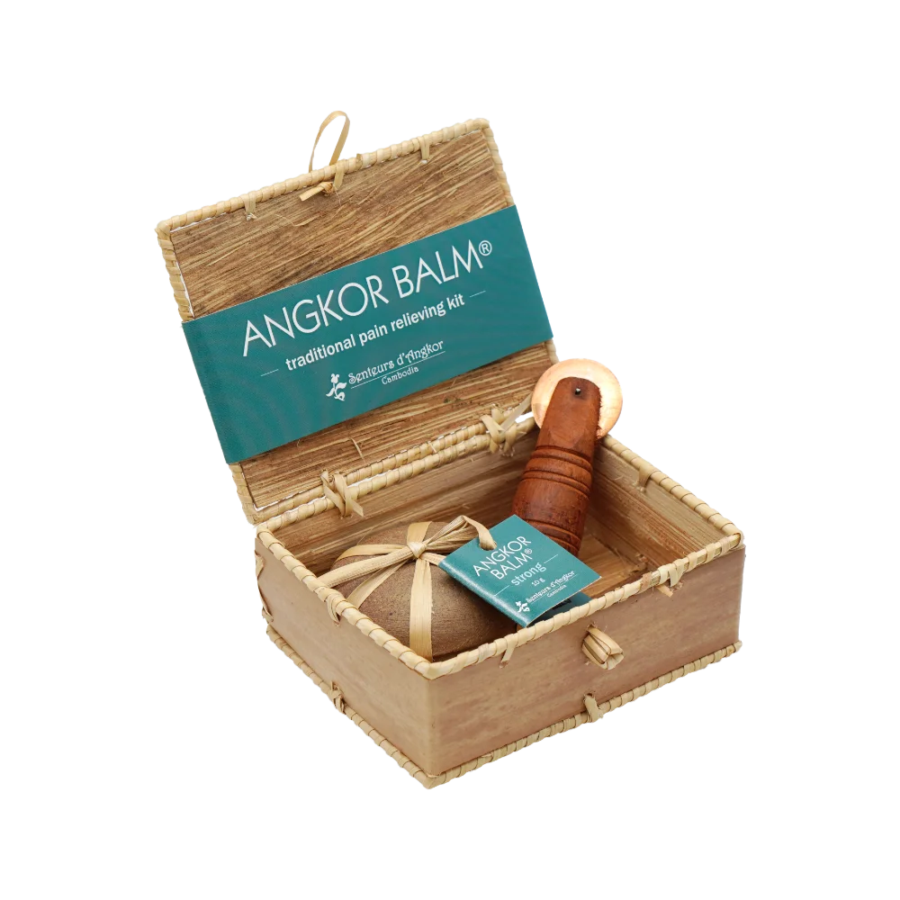 Angkor balm pain reliever kit packed in natural handmade sugar palm box, opened