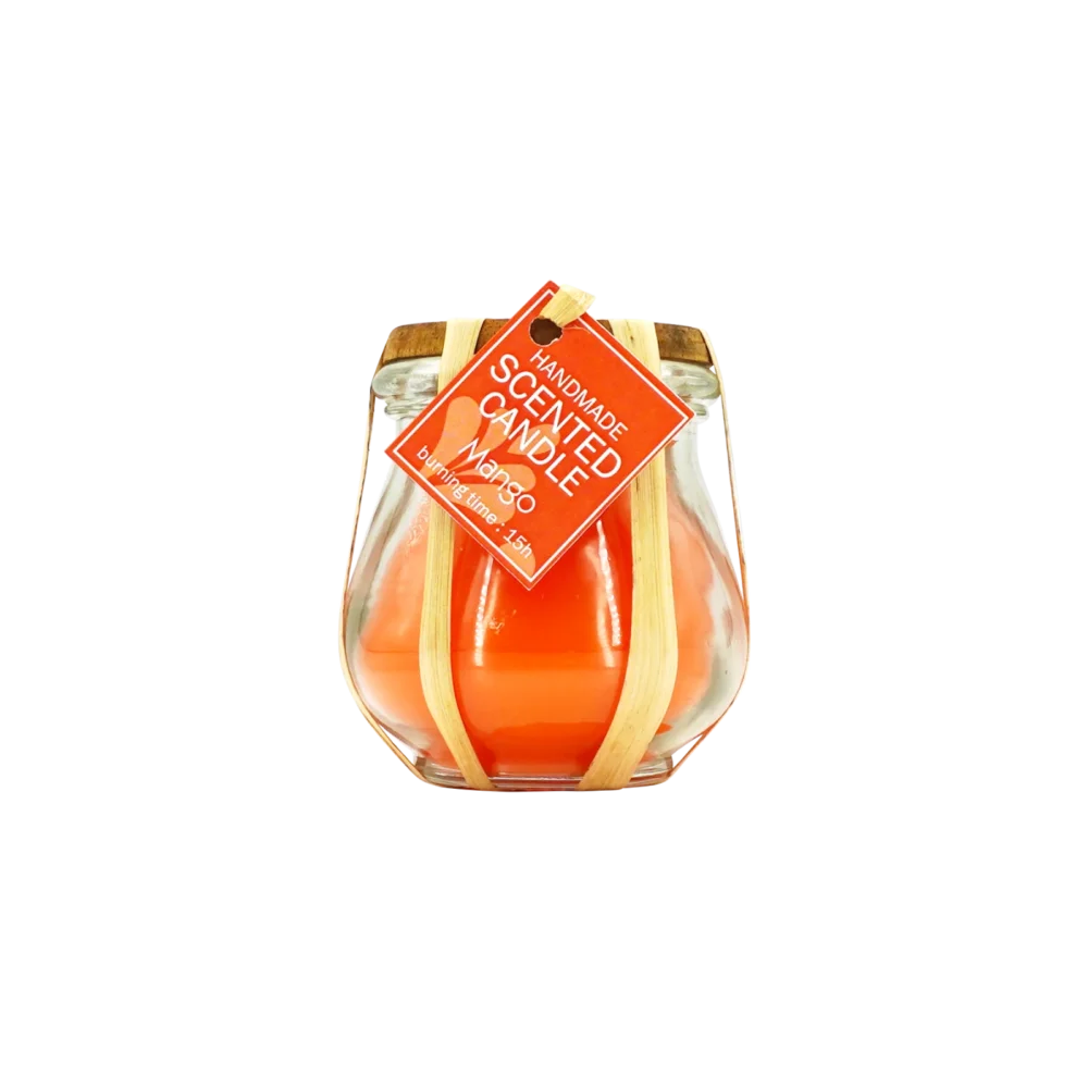 Candle in small glass jar with wooden cap, mango scent