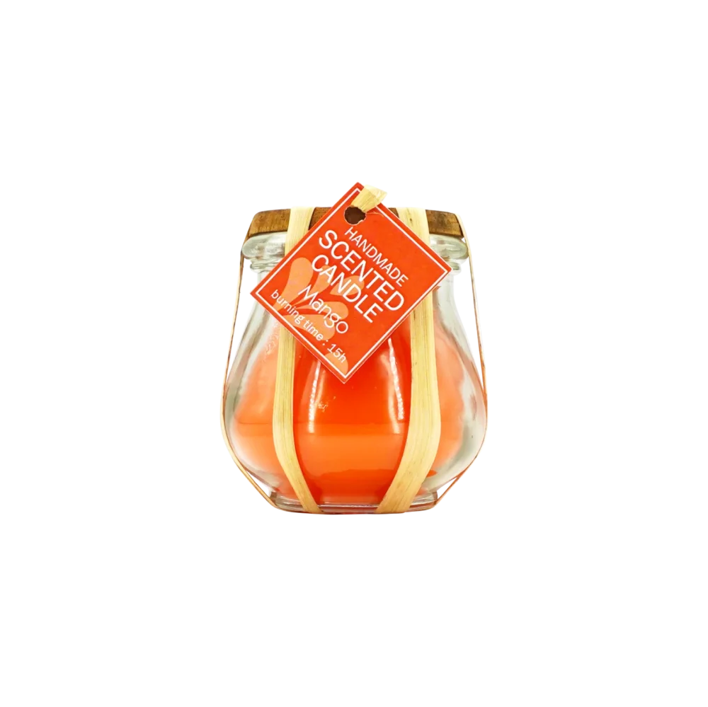 Candle in small glass jar with wooden cap, mango scent