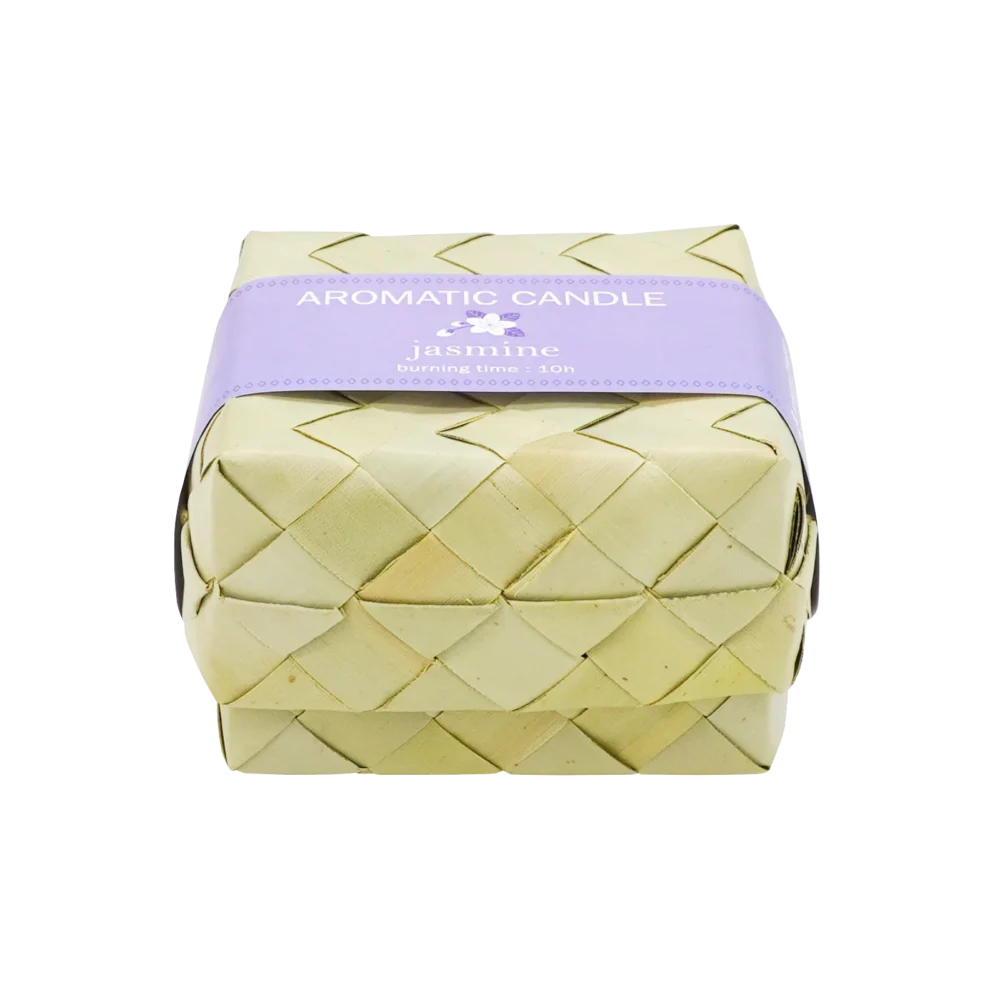 Candle in engraved silver heart shaped box, sugar palm leaf (smok) box