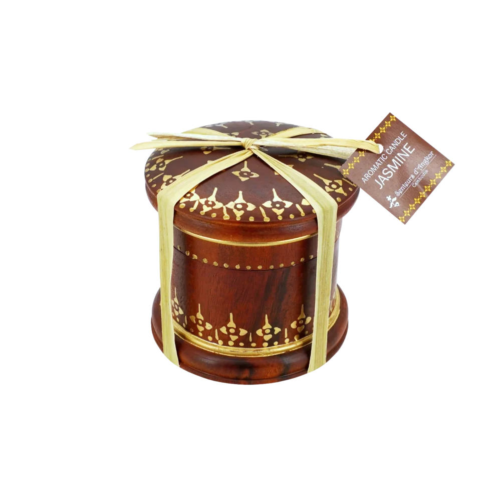 Candle in painted wood box, jasmine, angle view