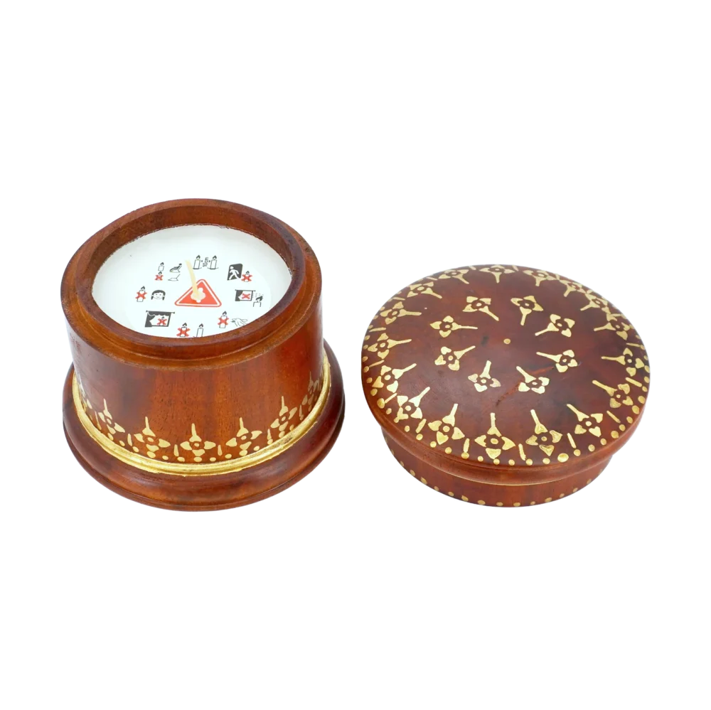 Candle in painted wood box, jasmine, opened angle view