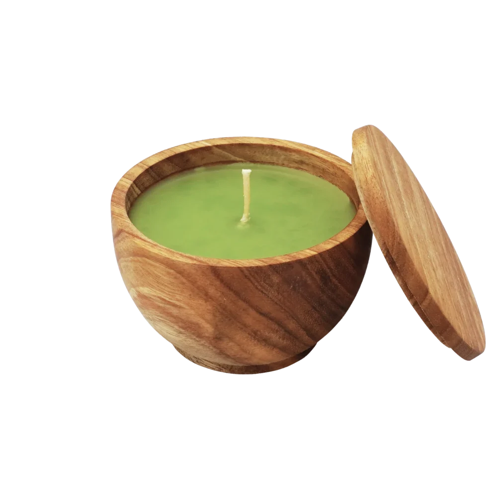 Candle in wood container, lemongrass scent, opened