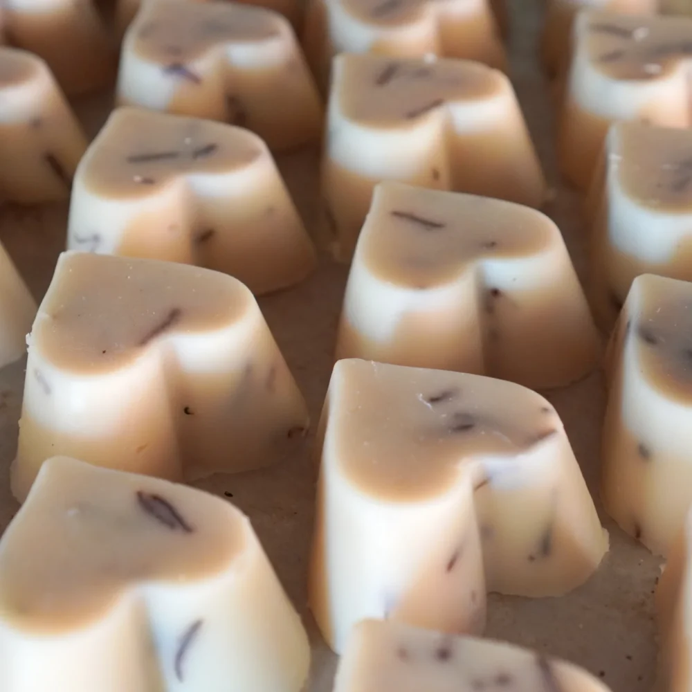 Heart soaps drying on their rack