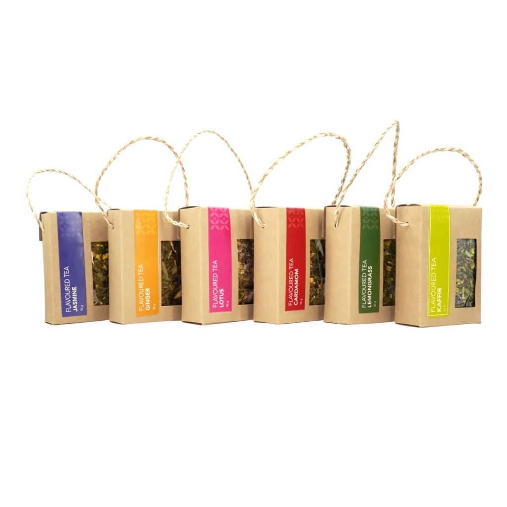 Flavoured tea in rectangle kraft box, full range displayed in an arc shape