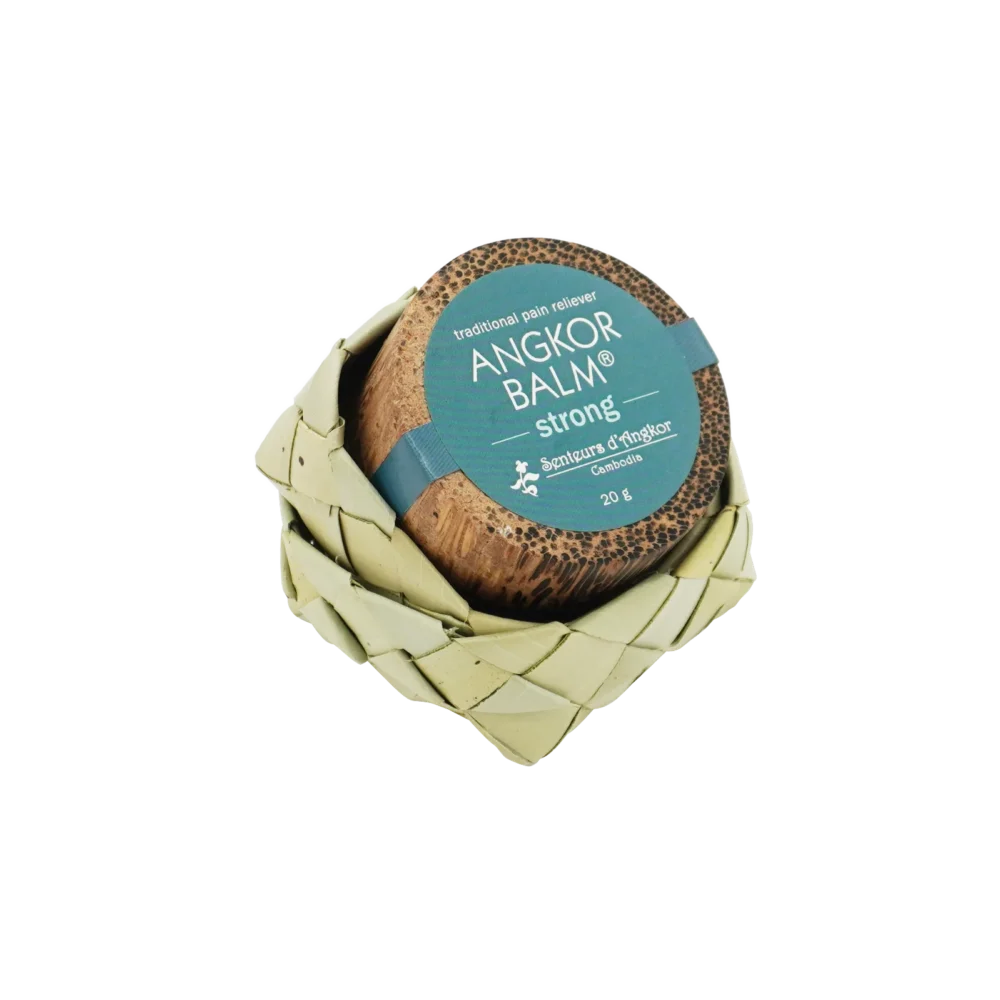 Angkor balm® (strong) in palm wood container, wrapped in natural sugar palm leaf box