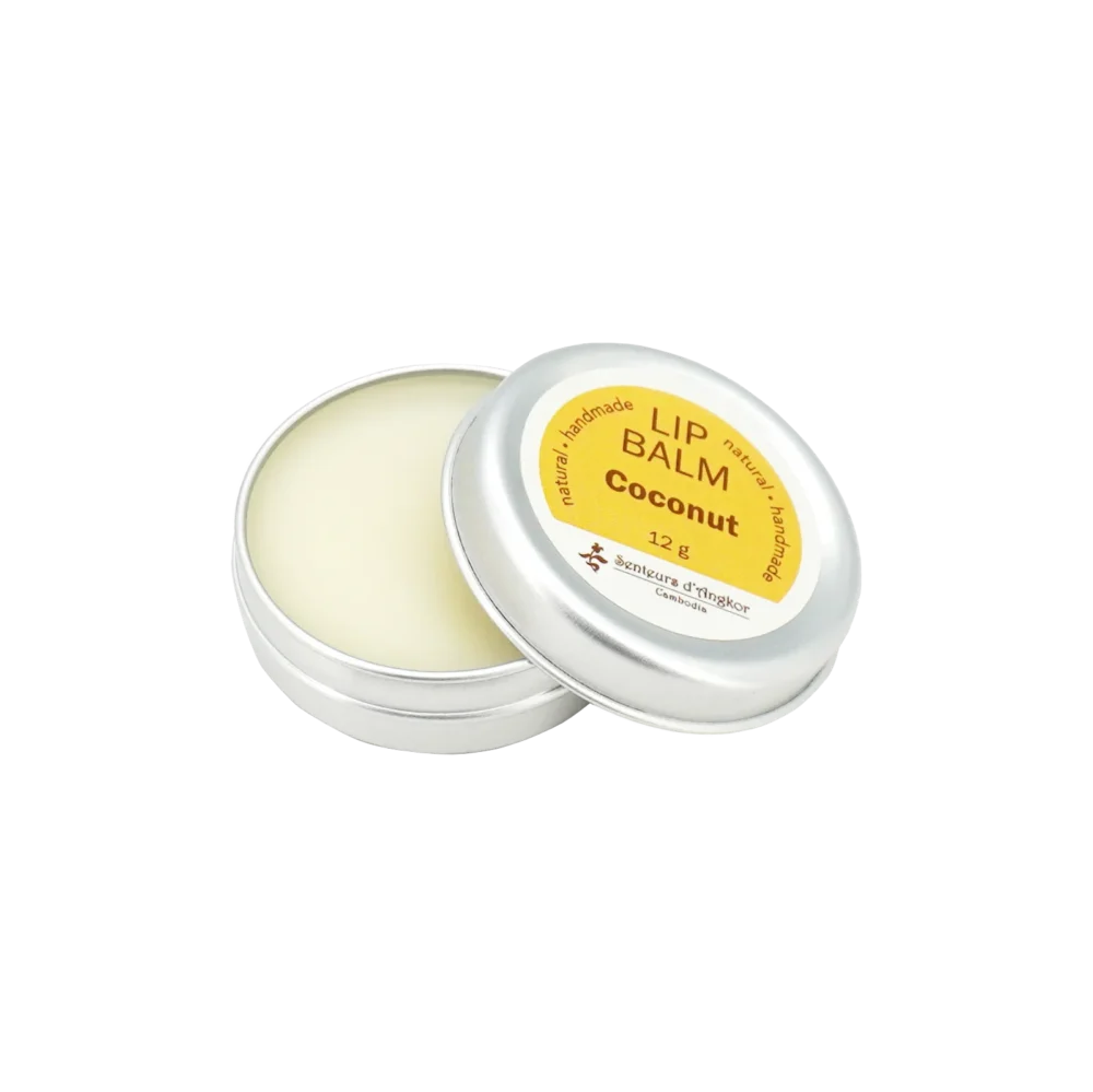 lip balm in aluminium box, coconut opened