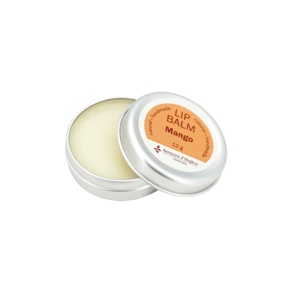 lip balm in aluminium box, mango opened
