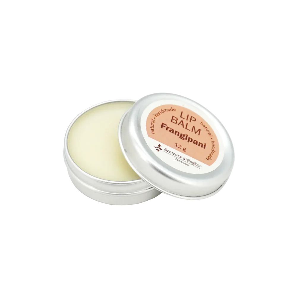 lip balm in aluminium box, frangipani opened