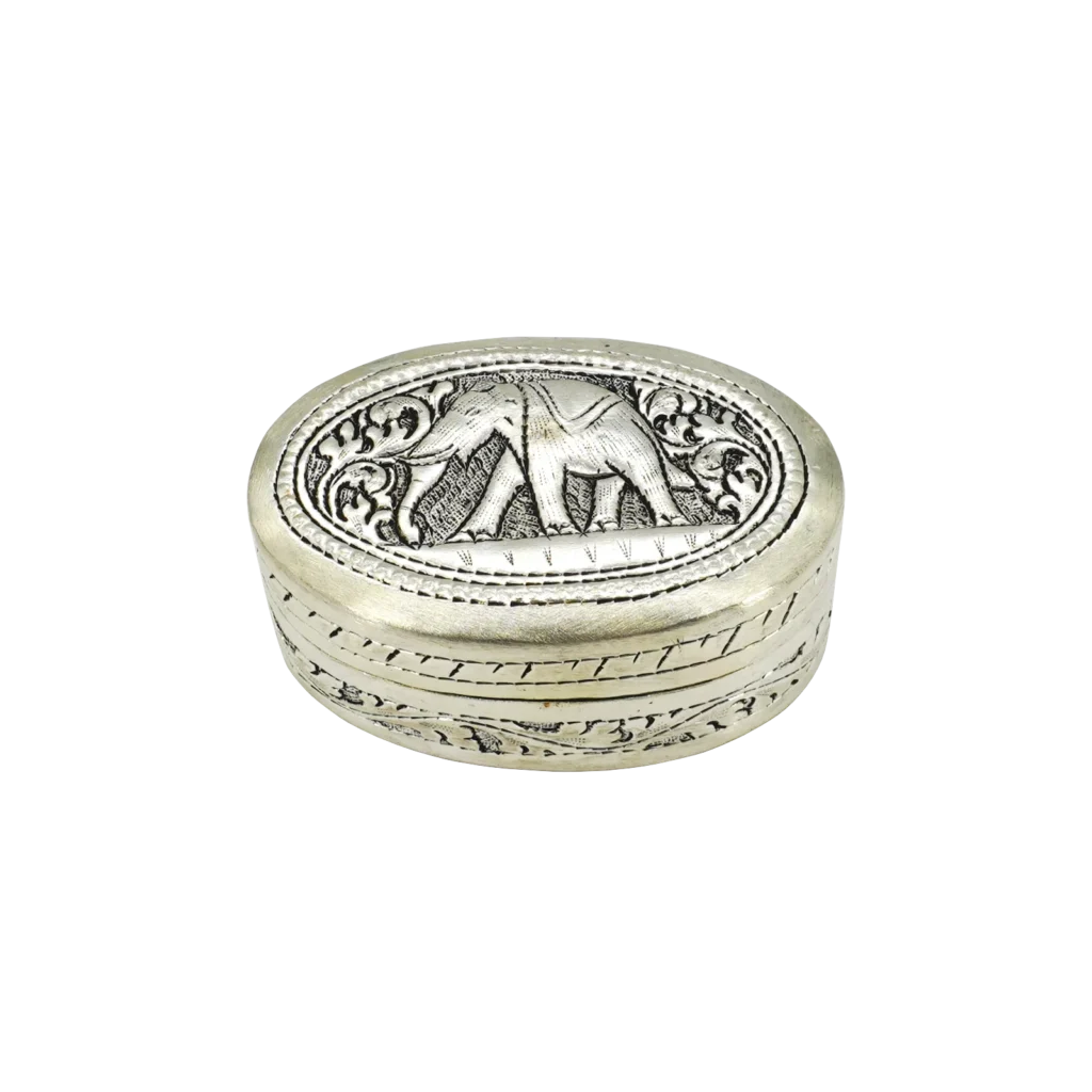 Candle in engraved elephant silver oval box, closed