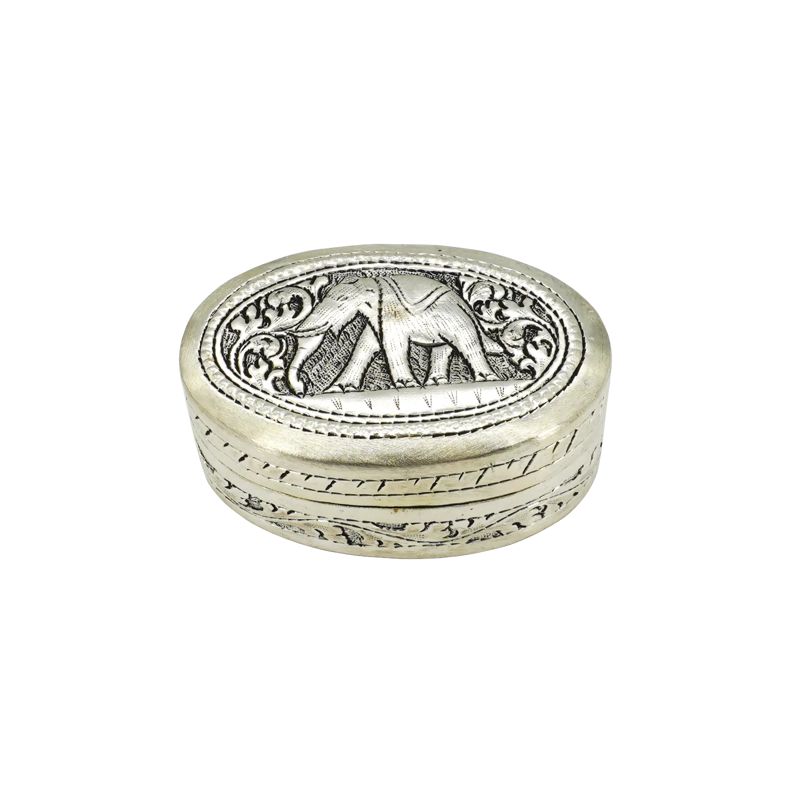 Candle in engraved elephant silver oval box, closed
