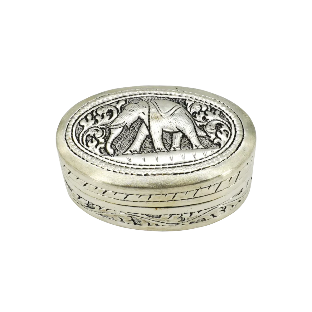 Candle in engraved elephant silver oval box, closed