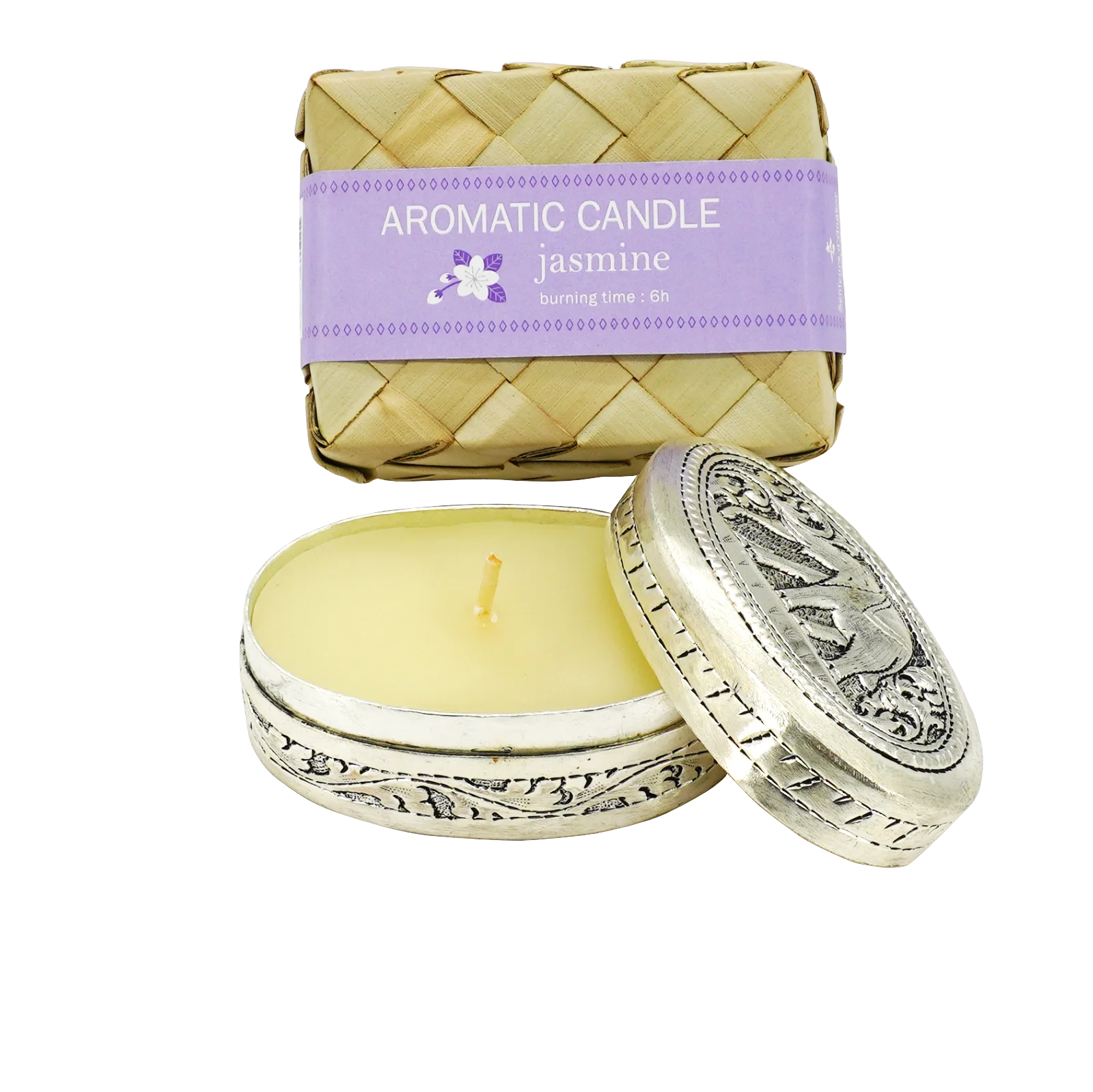 Candle in engraved elephant silver oval box, displayed