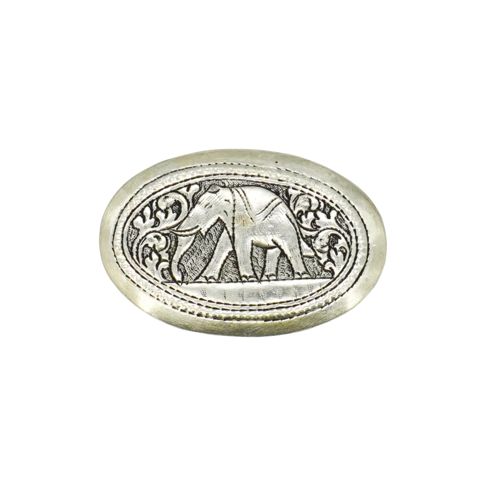 Candle in engraved elephant silver oval box, closed top view