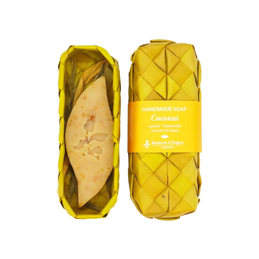 Soap, mango shape in natural sugar palm leaf packaging, coconut scent