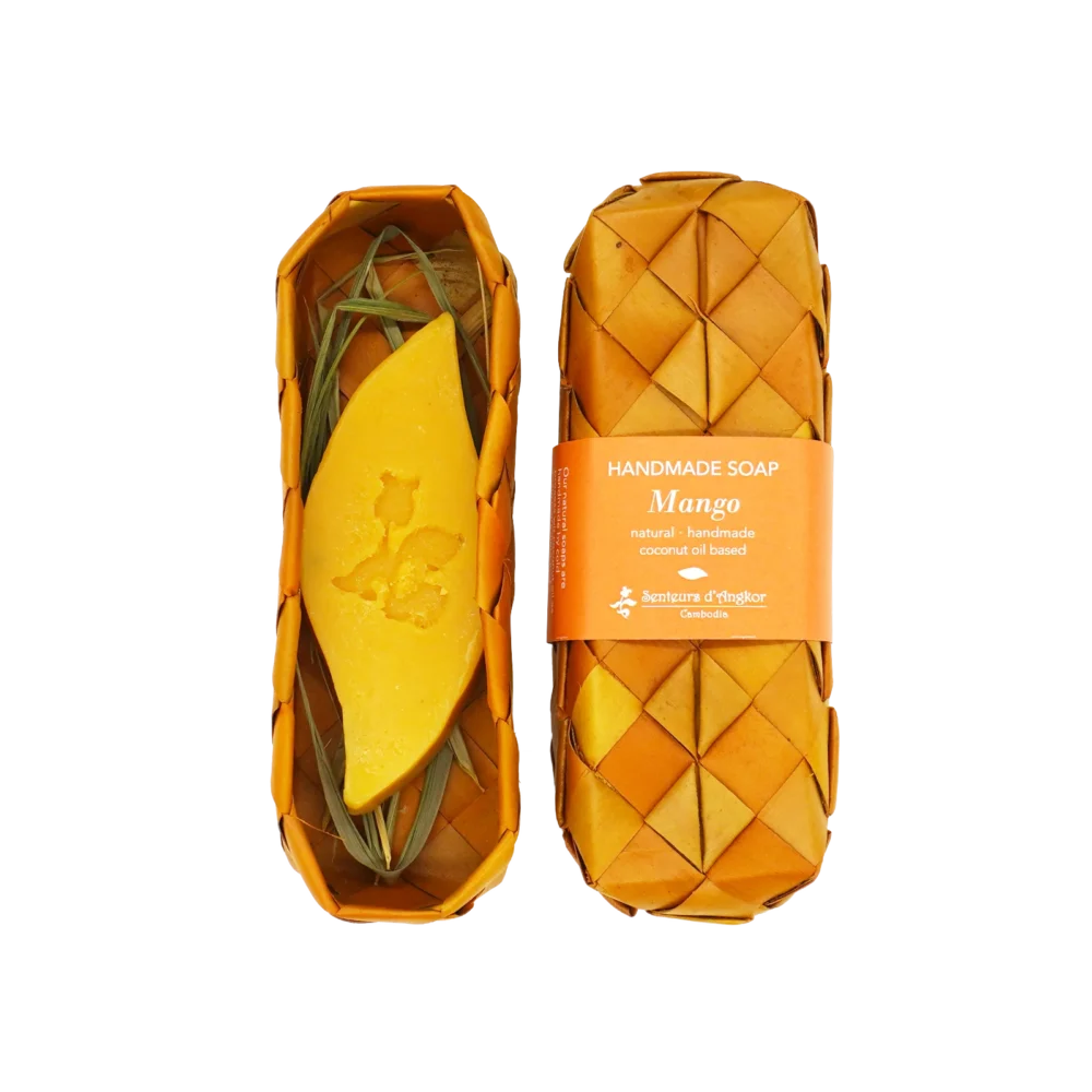Soap, mango shape in natural sugar palm leaf packaging, mango scent