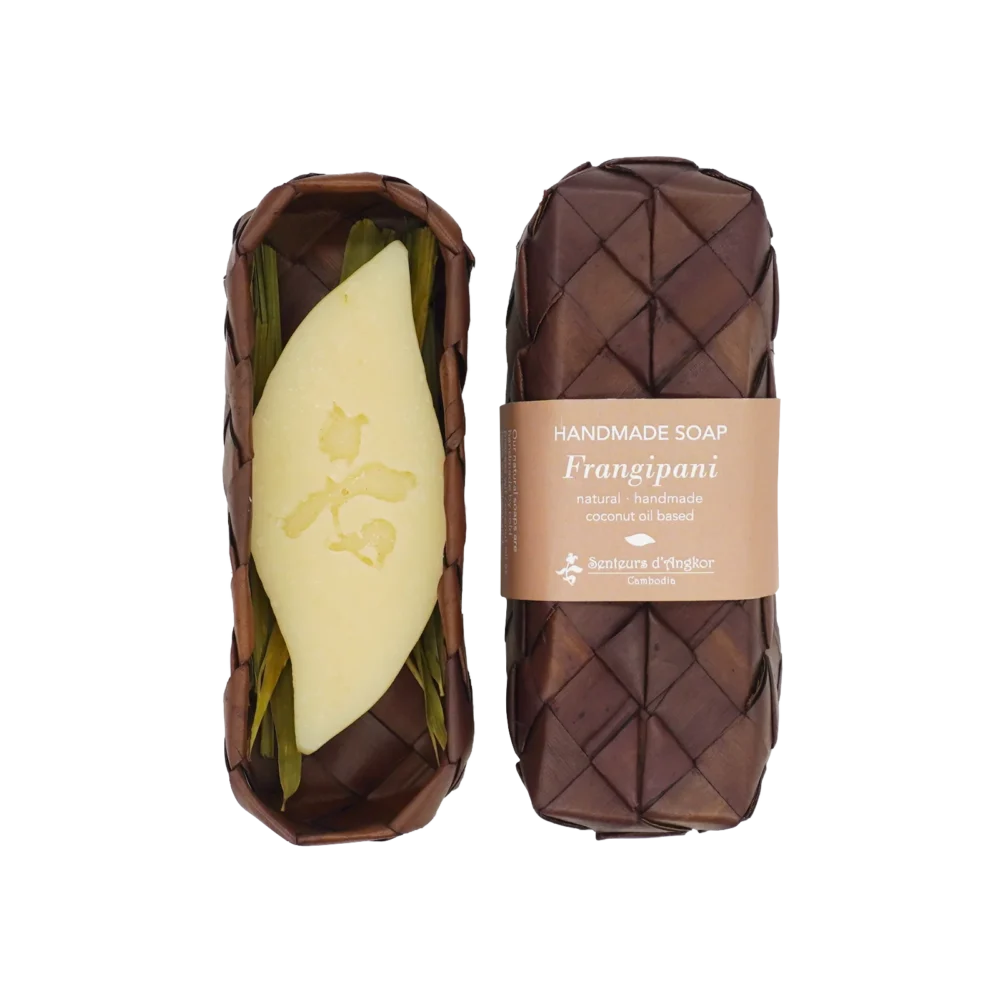 Soap, mango shape in natural sugar palm leaf packaging, frangipani scent