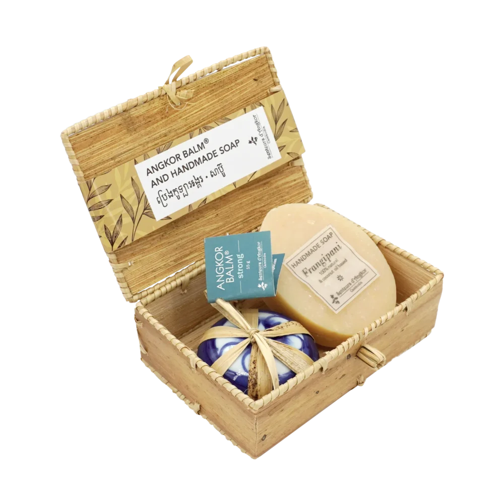 Gift collection with Angkor Balm and Soap in natural sugar palm wood box, angle view