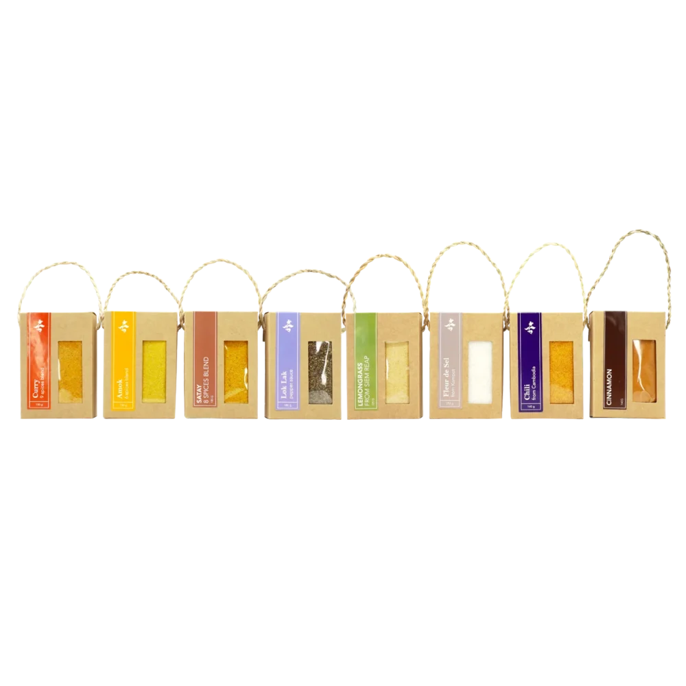 All spices in their respective paper boxes, front
