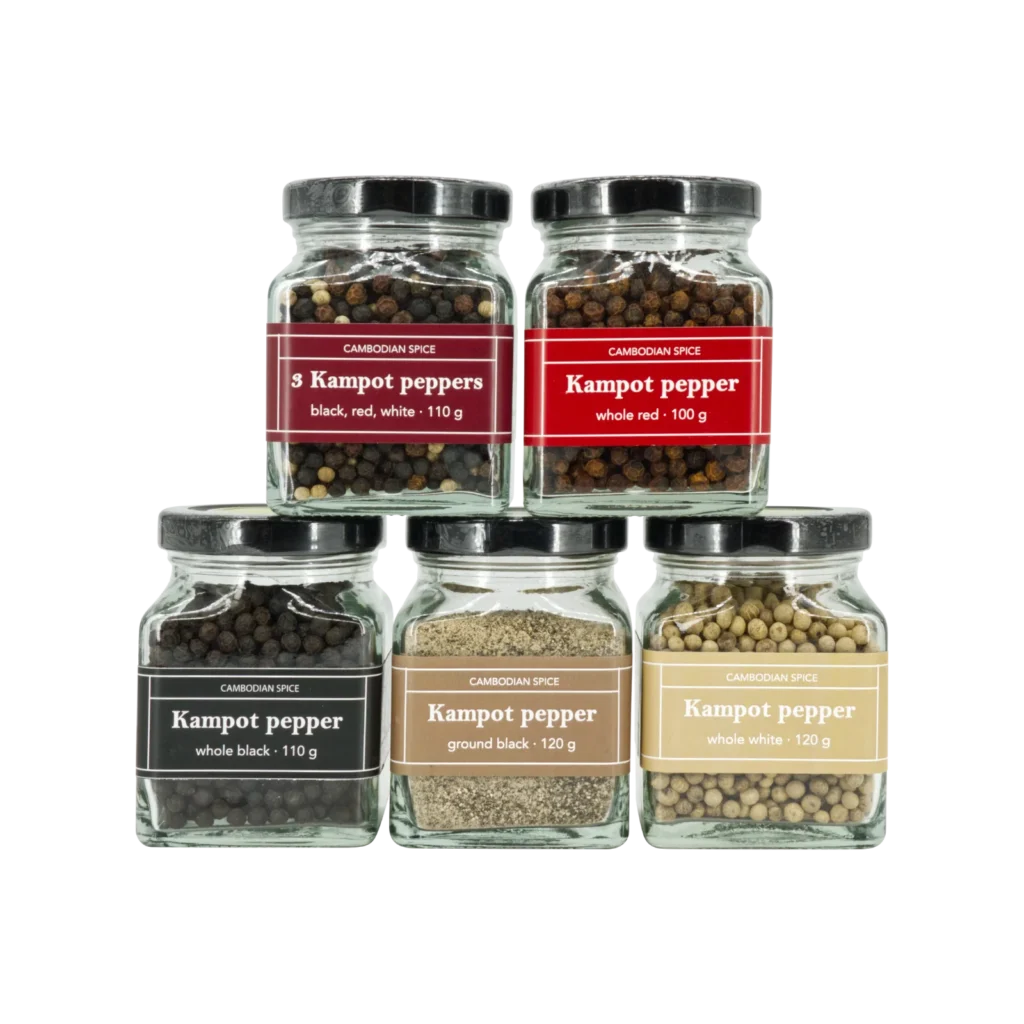 Kampot pepper in big glass jar, all front
