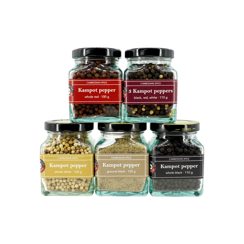 Kampot pepper in big glass jar, all front
