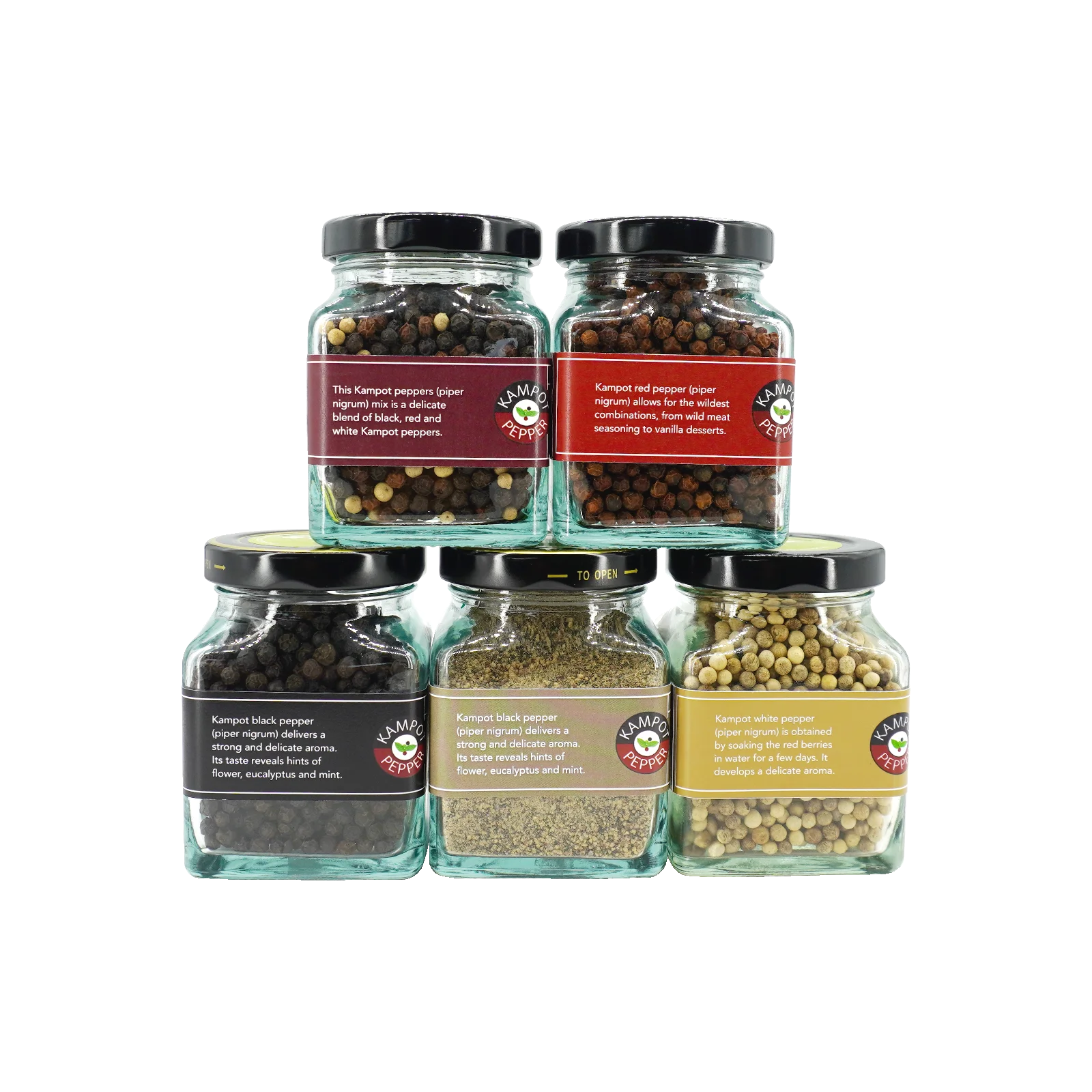 Kampot pepper in big glass jar, all jars' sides