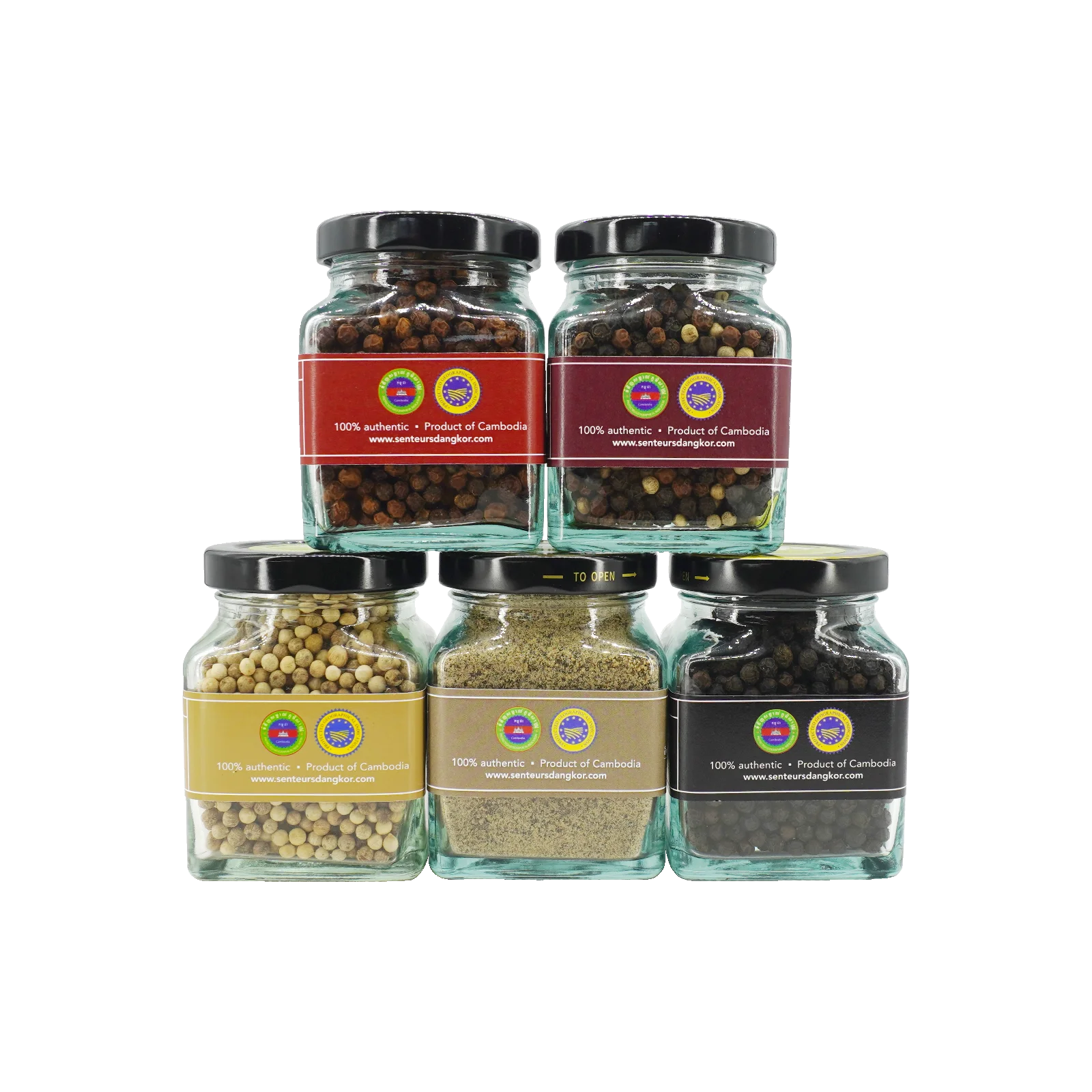 Kampot pepper in big glass jar, all jars' sides