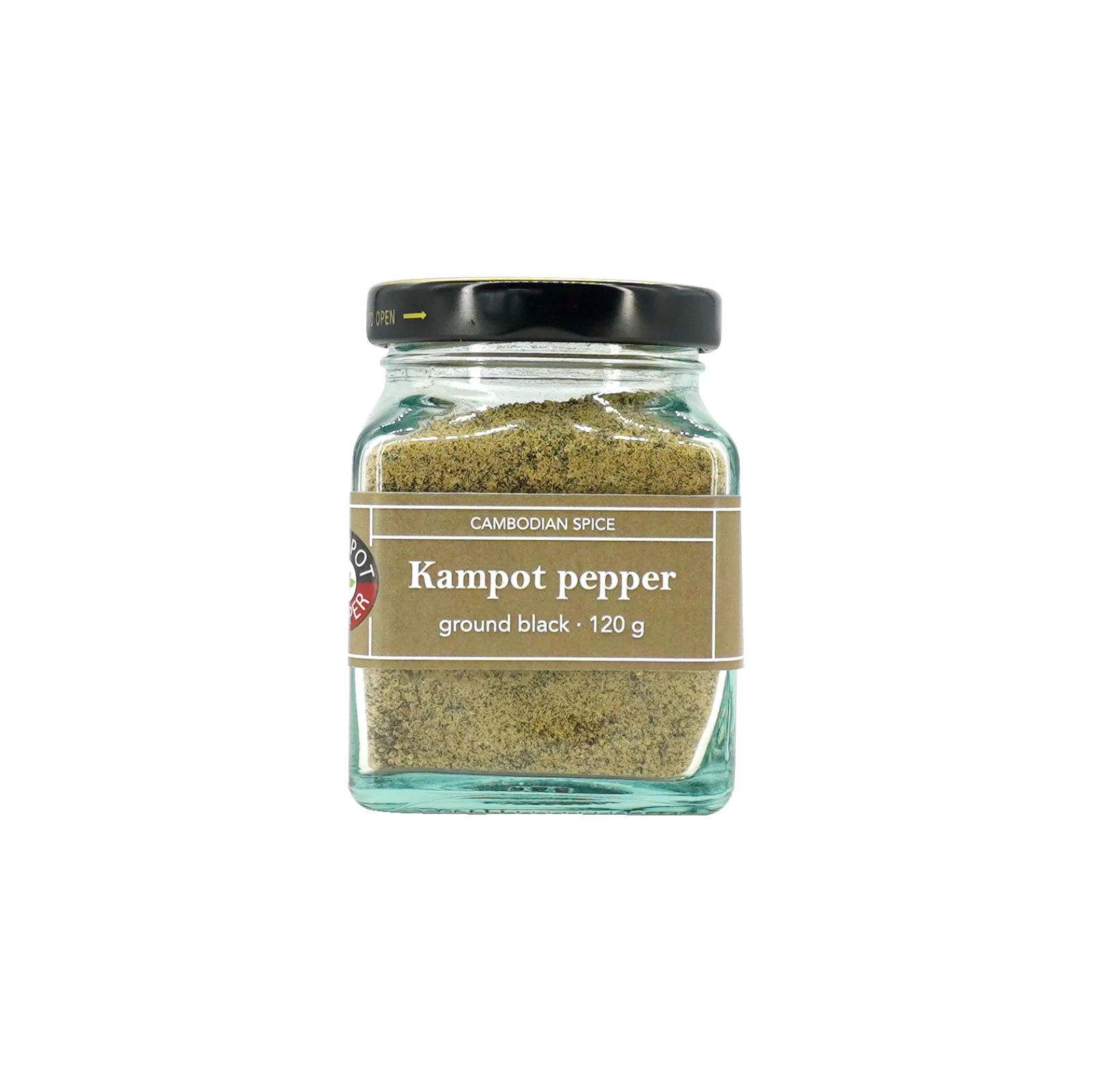 Kampot pepper in big glass jar, ground black