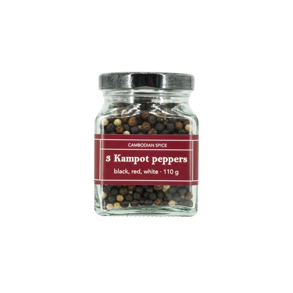 Kampot pepper in big glass jar, whole mixed