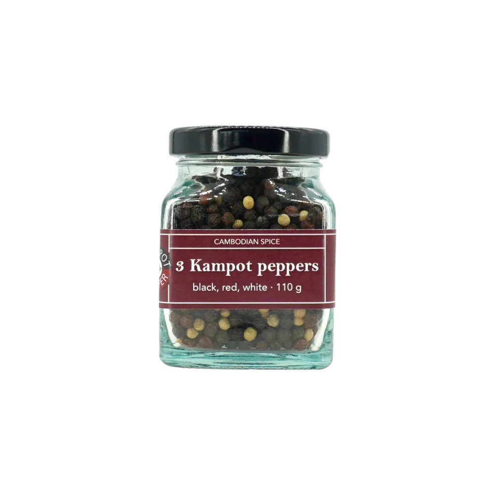 Kampot pepper in big glass jar, whole mixed
