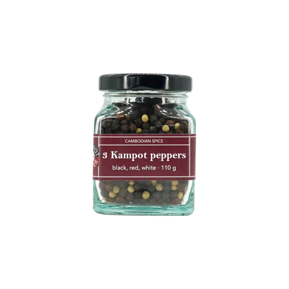 Kampot pepper in big glass jar, whole mixed