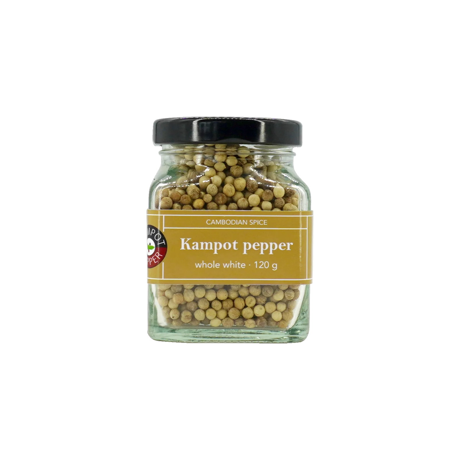 Kampot pepper in big glass jar, whole white