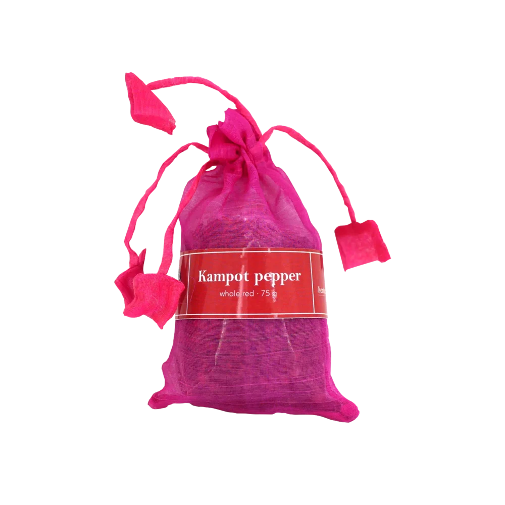 Kampot pepper in organza bag, whole red