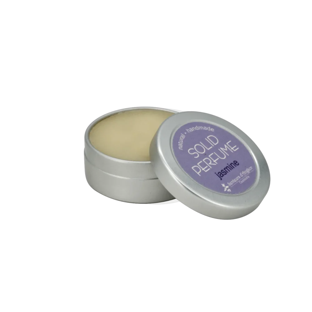 Solid perfume in an aluminium container (opened), jasmine