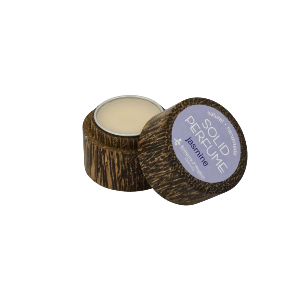 Solid perfume in wood box, jasmine opened