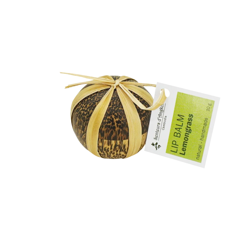 lip balm in wooden sphere, lemongrass