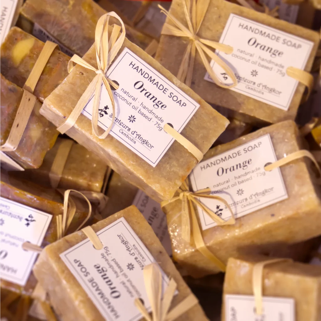 Top view on several recycled soap placed inside a container.