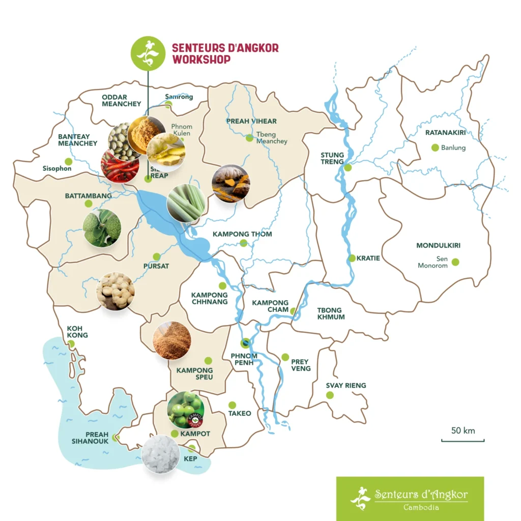 Map of Cambodia showing the origin of all spices.